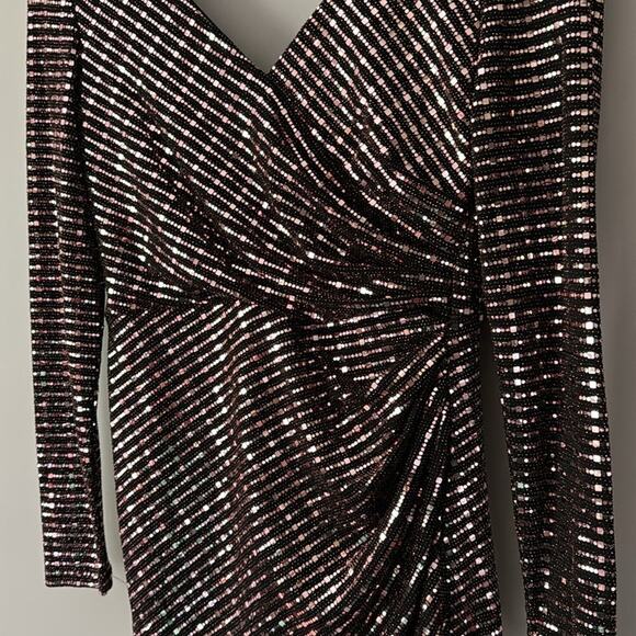 MORGAN & CO BLACK & BRONZE SEQUIN STRETCHY LONG SLEEVE COCKTAIL DRESS SIZE 3 - Picture 3 of 6